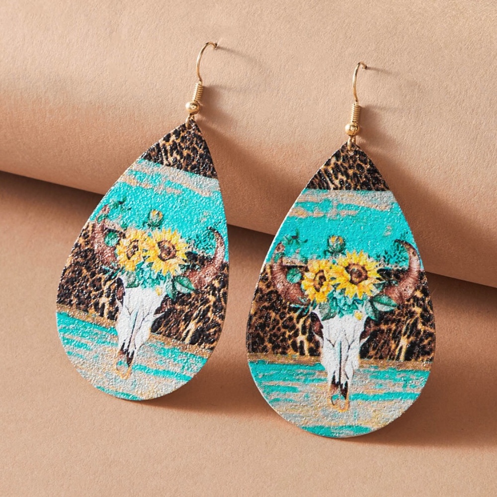 Bohemian Gypsy Sunflower Teal Drop Earrings - Picture 3 of 5